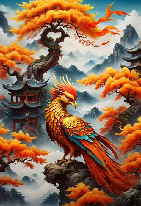 An ancient Chinese painting，There are glowing phoenixes on plane trees，fanciful，4K high quality and lifelike，mountain ranges， rios，Auspicious clouds，The feathers are colored，Dazzling，The long tail takes on colorful colors， super detailing， Epic composition...