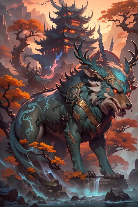 tmasterpiece,high high quality,high definition resolution,16k,realisticlying,the mountains and the sea,Evil monsters from hell,The demons,Ferocious,brutality,Old,Black-green scales,quadrupedal,deer antlers,mane hair,,Sharp claws,beast of prey,Fangs and sha...