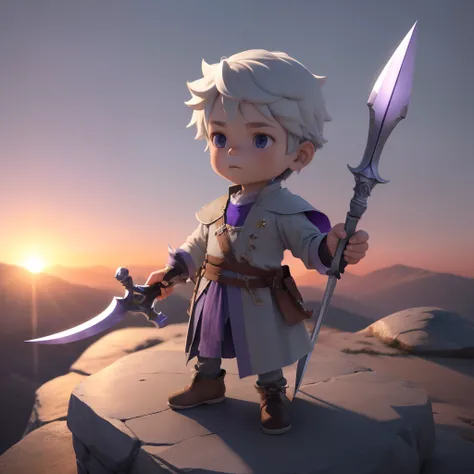 3D render of a beautiful and cute boy holding a sword in his right hand and spear in his left.he is wearing a surcoat colored in gray and violet and standing on the top of rocky hill in the mountain area at dusk.he is lighted from the front by sunlight and...