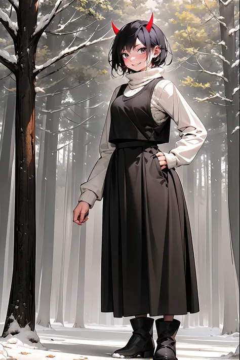 short hair, youngirl,black hair, vest, pullover, dragon horns, sharpteeth, standing, smile, full body , boots, long skirt, winte...