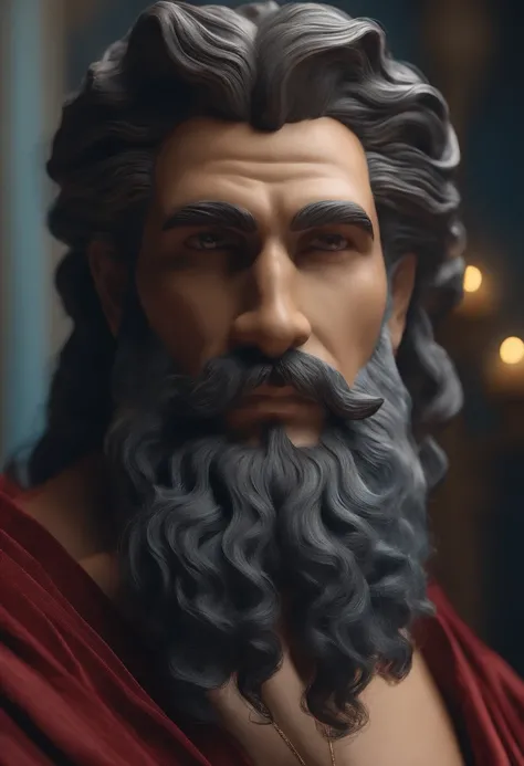 Crie uma imagem 8K inspiradora representando um Zeus grego ,Forte, olhando para o lado, immortalized as a bust statue, Single bust statue, com detalhes minuciosos, com fundo azul coloque ele com com roupa vermelha com imaymao pra cima