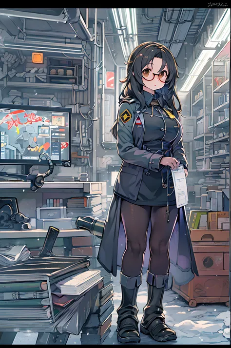 Science fiction,a science fiction film,cannons,Long-range missiles,Based on the Film Foundation ,Woman,,28 years old,Zito-order,Brown eyes,Long hairstyle,White-gray on black hair,Scientist uniform,White researcher coat,Open Meadow,Rebel,Chaotic,A futuristi...