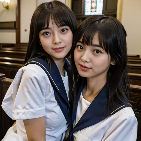 ((two schoolgirls:1.5))、beautiful 18 year old japan woman, ((two high school girls in short-sleeved white sailor suits: 1.5)), (...