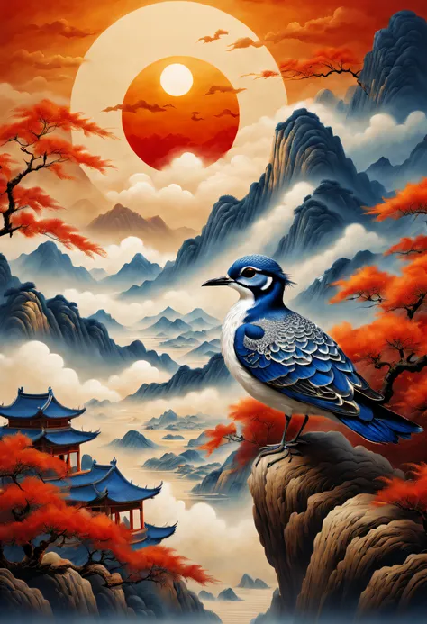 an ancient chinese painting， ancient chinese background，1 blue plover，in the sun，golden-red sun，mountain ranges， rios，auspicious...