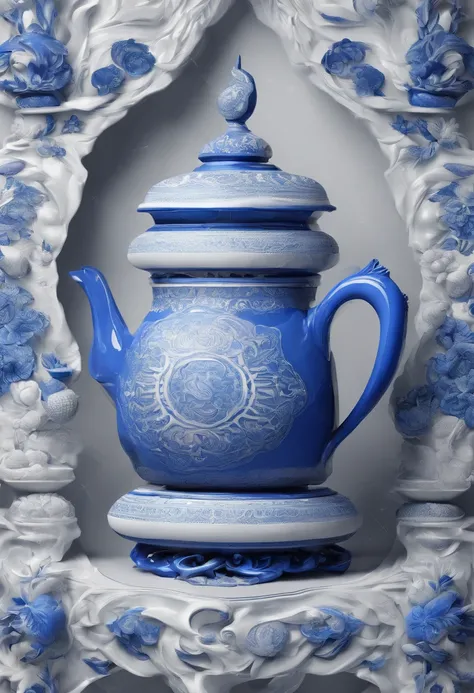 Blue and white porcelain,ceramics，teapot， anaglyph，artwork of a，Ornaments， high detail,3D， Chiaroscuro, Cinematic lighting, god light, Cinematic lighting, hyper HD, High details, Best quality, A high resolution,  Textured skin