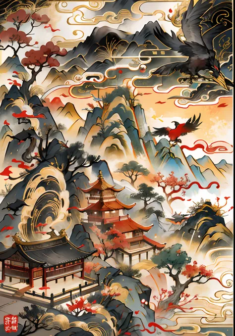 An ancient Chinese painting， Ancient Chinese background，1 Raven in the sun，Golden-red sun，mountain ranges， rios，Auspicious clouds， tmasterpiece， super detailing， Epic composition， hyper HD， high qulity， extremely detaile， offcial art， 统一 8k 壁纸， super detai...