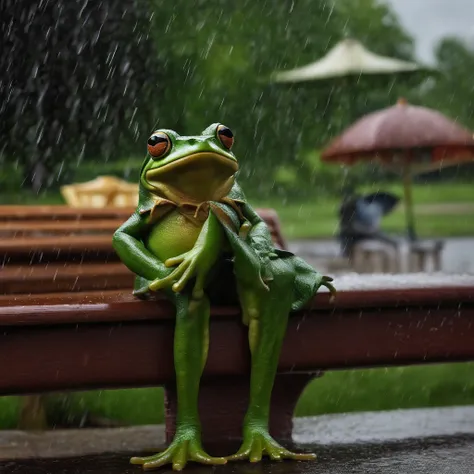 Frog sitting on park bench holding umbrella while it rains in the background, humanoid, ultra realistic, f5.6