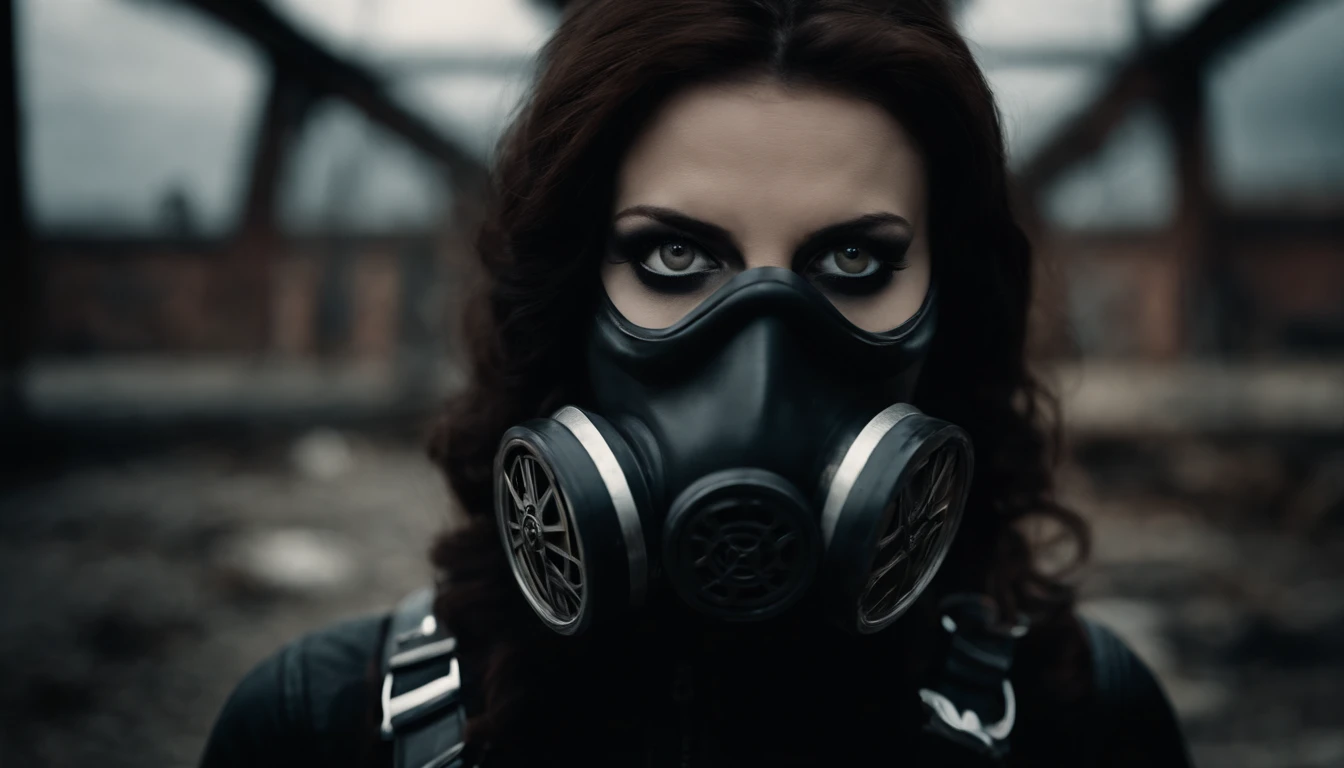 Upper body shot of a woman with an anti-gas mask dressed in latex, white eyes, dark techno aesthetic, industrial goth aesthetic, intern of an abandoned factory in the background, ultra detailed, photorealistic, masterpiece.