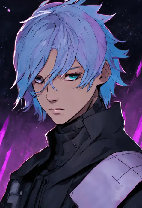 starsector, a portrait of a young man, light blue hair, purple eyes, pure black blank background, colorful,