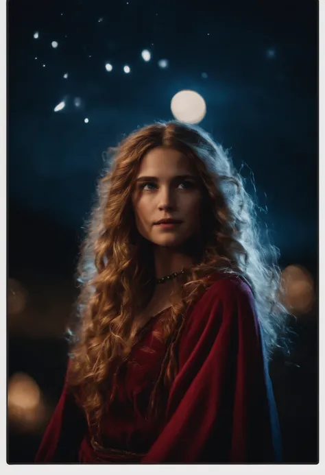 Uma adolescente de longos cabelos brancos e olhos azuis, wearing her Crimson sorceress costume while using her powers flying over the dark sky.