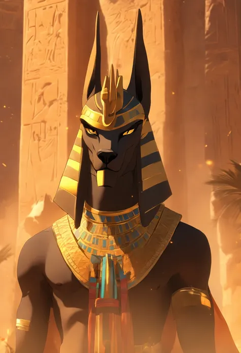 (((Anubis))) best quality, very high resolution, 4K detailed CG, masterpiece, Egyptian mythology, Anubis, sun in the background, Ancient Egypt, standing pose, dog head, white clothes, Egyptian clothes, temple Egyptian, desert, Ancient Egypt, ((dogs head, m...