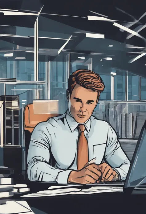 Show an image of a determined entrepreneur in a modern office, facing a series of setbacks and financial charts. The focus is on their unwavering commitment and resilience in the face of adversity. Cinematic Illustration, digital art with a strong emphasis...