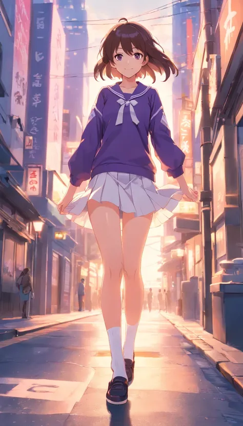 best qualtiy， tmasterpiece， 超高分辨率， realisticlying， 1 girl， Gorgeous Hair in Long Purple，Purple eye，Tall and tall， JK school uniform，long white socks，Short cream white skirt，Bring your knees together and your feet apart，ssmile