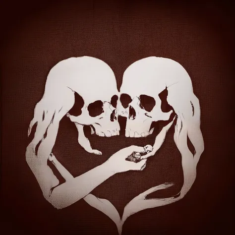 skulls in love, looking at each other, inside the outline of a real heart