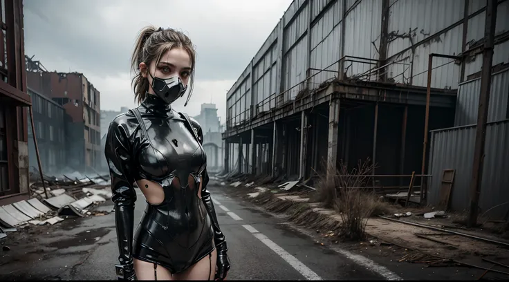 Upper body shot of a woman standing with an anti-gas mask dressed in latex in the inside of an abandoned factory, white eyes, dark techno aesthetic, industrial goth aesthetic, intern of an abandoned factory in the background, ultra detailed, photorealistic...