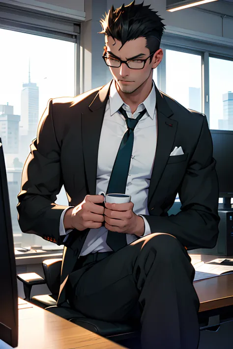 30 years old men, Very short spiked hair, A dark-haired, japanes，Black Frame Glasses，The forehead is out，Single eyelid, Stern look at work，Green suit with white shirt and tie，trained slender and tall body，Cross your legs and look at the computer at the off...