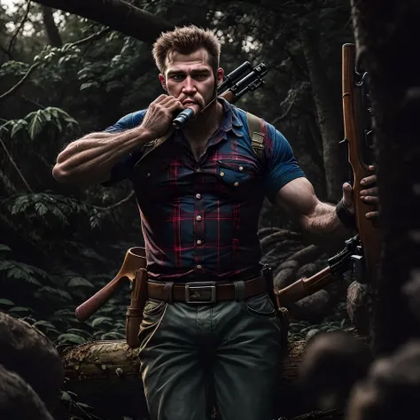 lumberjack wielding a shotgun with a pipe in his mouth