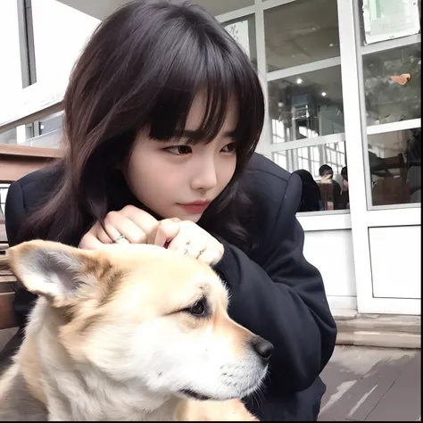 Woman sitting on a bench with a dog in front of her, with dogs, Chiho, Shikami, Directed by: Nishida Shunei, Ulzzang, Ela tem cabelo preto com franja, Lalisa Manobal, Bae Suzy, Heonhwa Choe, Sakimichan, Narumi Kakinouchi, song hye - kyo