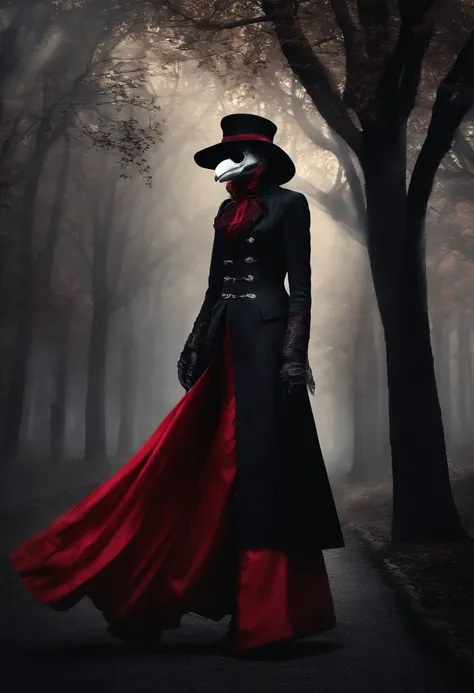 plague doctor with red goggles, the long coat like dress has leg cuts, revealed legs with lace straps and fishnets, wearing black stilettos, male high quality image 20 year old