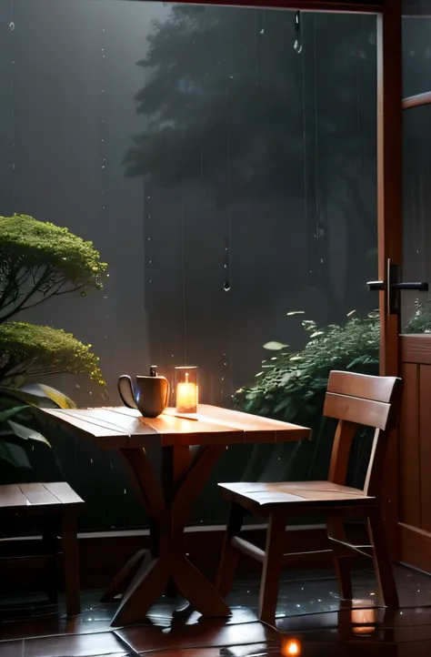 there is a small wooden house with a table and chairs in the rain, rainy day outside, magical environment, quiet and serene atmosphere, in a rainy environment, rainy outside, rainy afternoon, inside on a rainy day, rainy scene, by Raymond Han, rainy atmosp...