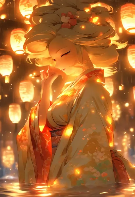 Kitsune, Beautiful Female, Big Breasts, Loose Kimono, Cleavage, Wet Clothes, Nighttime, White Moon, Detailed