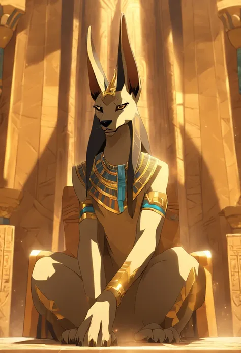 (((Anubis on the throne))) best quality, very high resolution, 4K detailed CG, masterpiece, Egyptian mythology, Anubis, sun in the background, Ancient Egypt, sitting pose, dog head, white clothes, Egyptian clothes, egyptian temple, desert, ancient egypt, (...