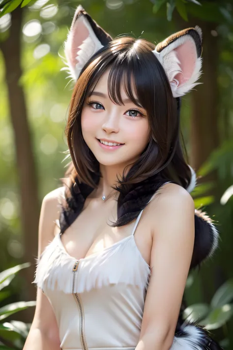 ((Best Quality, 8K, Masterpiece: 1.3)), Sharp: 1.2, Perfect Body Beauty: 1.4,1 cute girl,smile,Highly detailed face,detailed eyes,double eyelids,(furry:1.8),have a cats ears,standing,((side wide shot:1.4)),beautiful forest