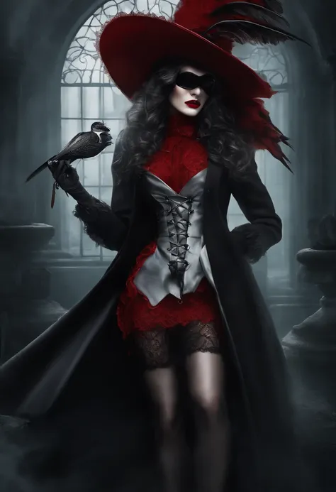 plague doctor with red goggles, the long coat like dress has leg cuts, revealed legs with lace straps and fishnets, wearing black stilettos, high quality image 20 year old female, hot