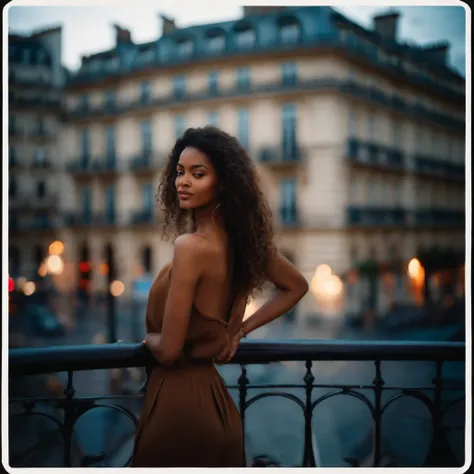 Photo Polaroid, Photo de nuit, Photo de 24 Y.O belle femme, Bare brown skin standing on a terrace of a Parisian building, Bokeh, Flou de mouvement