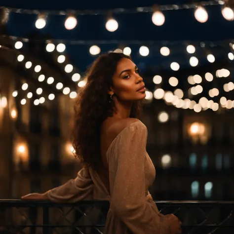 Photo Polaroid, Photo de nuit, Photo de 24 Y.O belle femme, Bare brown skin standing on a terrace of a Parisian building, Bokeh, Flou de mouvement