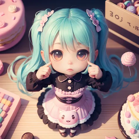 Chibi corpo mini, looking up, leaning, bubbles around, kawaiitech, kawaii, cute, pastel colors, best quality, happy, long sleeves, cakes+sweets+candies+chocolates, illustrations, ultra-detailed, vibrant colors, playful lighting.