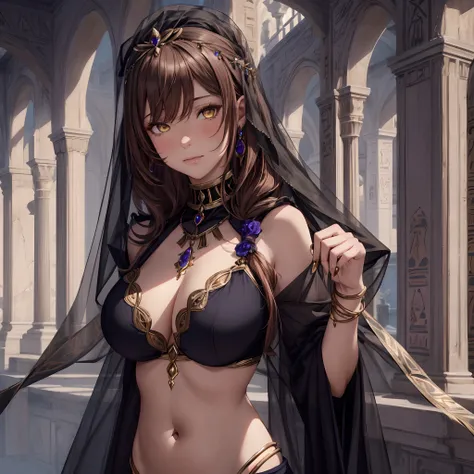 masterpiece, best quality, 1woman, adult, female focus, solo, brown skin, brown hair, long hair, looking at viewer, closed mouth, Fantasy aesthetics, Highly detailed, shadowverse style, dancer attire, belly button reveal attire, black attire, yellow eyes, ...