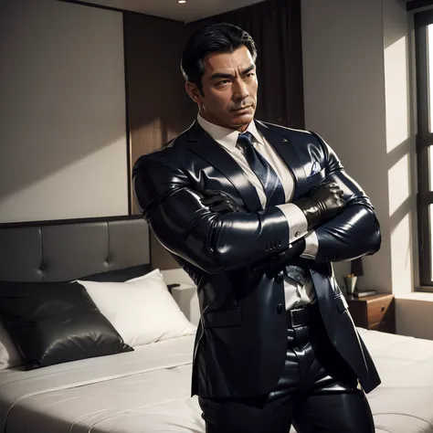 50 years old,daddy,shiny suit ,dad sleep on a bed,k hd,in the office,big muscle, gay ,black hair,asia face,masculine,strong man,...