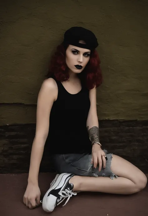 Uma vampira emocore adolescente com grandes asas em ambos os lados, kneeling on the floor, olhamdo pra frente, longos cabelos ruivos, meias longas listradas, Camiseta Rock Band, All STAR sneakers, minissaia grunge, amazing detail
, Papel de parede UHD