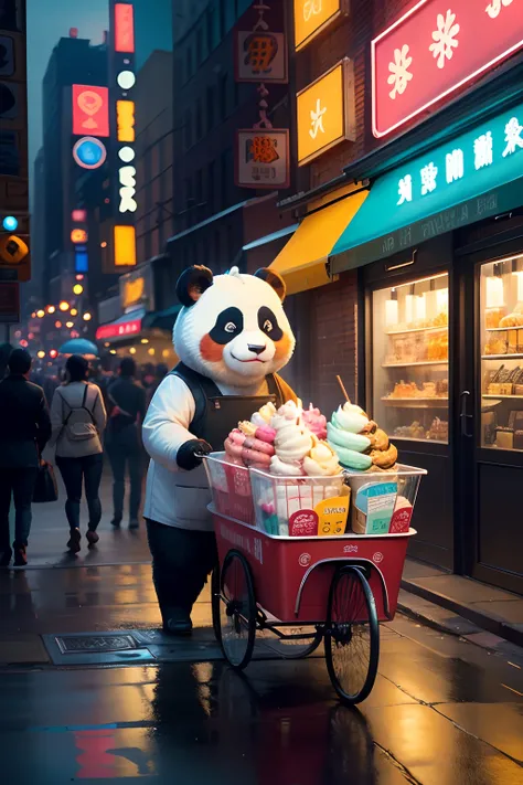 Illustrate a photorealistic scene of a cheerful panda transformed into an ice cream seller in new york, pushing a cart on a bustling city street at nighttime. The city lights cast dramatic glows and reflections, enhancing the atmosphere. The panda should h...