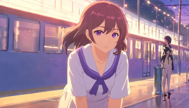 best qualtiy， tmasterpiece， 超高分辨率， realisticlying， 1 girl， Gorgeous Hair in Long Purple，Purple eye，Full-figured， JK school uniform，Long white socks，Short cream white skirt，M-legs，かわいい