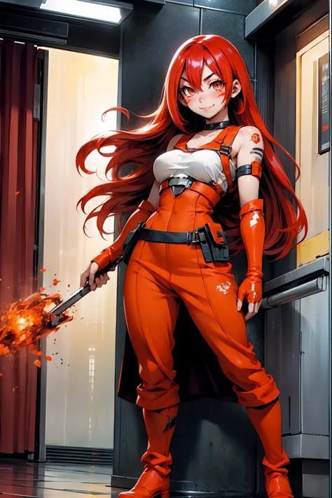 lava, red hair, orange eyes, prisoner cloths, medium breast, smile, facial mark, long hair, standing solo, full body, boots