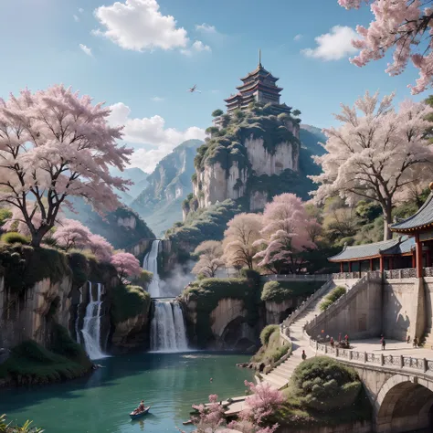 Chinese mythology，Mountain and Sea Sutra，wonderland，Palace on the clouds，Big pink tree，waterfallr，small boats，Crane，Best picture quality，super-fine，Super magical，ultra - detailed，8K分辨率，OC renderer，dynamic viewing angle