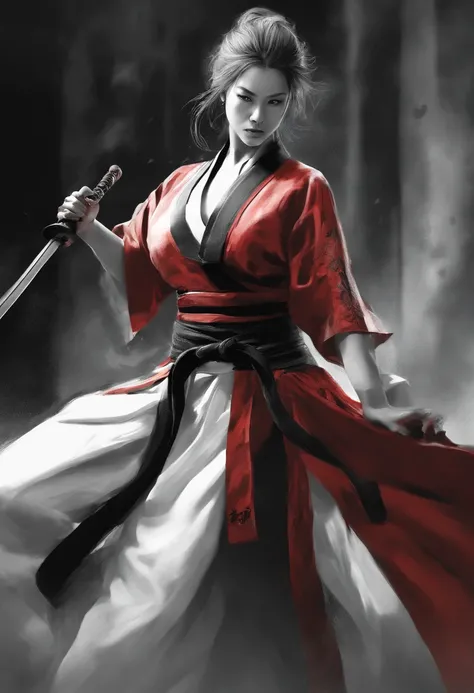 Martial arts devilcore style, absurdly beautifully appearance of cg detailed Martial arts girl, full portrait, Imposing, Yoshitaka Amano and Yoji Shinkawa style, Ink painting, red, black and white, bold brushstrokes, Concept art, cinematic movement lightin...