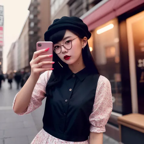 Theres a woman taking a selfie with her phone, with square glasses, grunge aesthetic, wearing square glasses, With eye Glasses, wearing thin large round glasses, goth girl aesthetic, girl wearing round glasses, girl with glasses, vidros, glasses without fr...