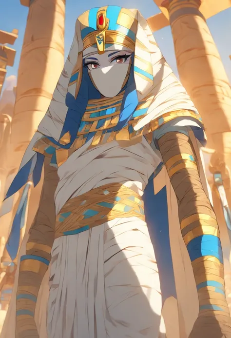 (((Mummy body))) best quality, very high resolution, 4K detailed CG, masterpiece, Egyptian mythology,Ptah,Egyptian tomb, Ancient Egypt, standing pose, mummy, white clothes, Egyptian clothes, Egyptian temple , desert, Ancient Egypt, ((blue headdress)), Egyp...