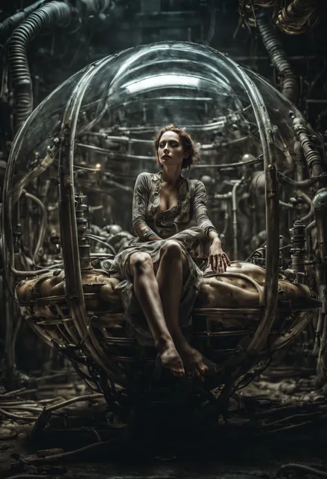 a highly detailed,disturbing photo of a woman in a biomechanical transparent cocoon.her body is connected to tubes.she is floati...