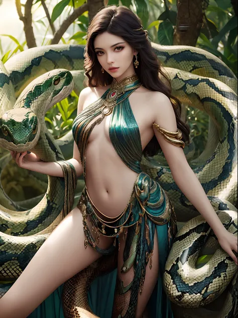 (best quality,4k,8k,highres,masterpiece:1.2),ultra-detailed,(realistic,photorealistic,photo-realistic:1.37),snake woman hybrid,beautiful detailed eyes,beautiful detailed lips,extremely detailed eyes and face,long eyelashes,scales covering the body,slitheri...