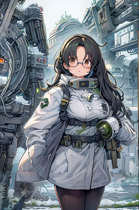 Science fiction,a science fiction film,cannons,Long-range missiles,Based on the Film Foundation ,Woman,,28 years old,Zito-order,Brown eyes,Long hairstyle,Unkempt hair、White-gray on black hair,Scientist uniform,White researcher coat,Open Meadow,Rebel,Chaoti...