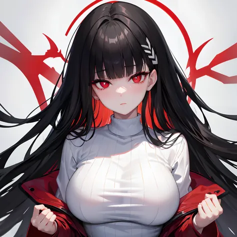 black hair, blunt bangs, very long hair, blunt bangs, red eyes, white sweater, large breast, long sleeves, head focus, head focu...