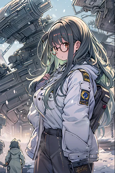 Science fiction,a science fiction film,cannons,Long-range missiles,Based on the Film Foundation ,Woman,,28 years old,Zito-order,Brown eyes,Long hairstyle,Unkempt hair、White-gray on black hair,Scientist uniform,White researcher coat,Open Meadow,Rebel,Chaoti...