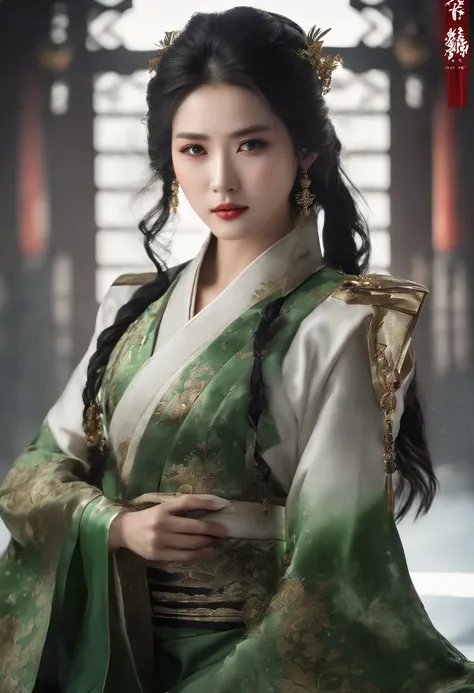 1 girl, heroine, handsome, splashed ink, Chinese armor, (upper body), black hair, floating hair, delicate eyes, black and green antique damask Hanfu, fov, (f1.8), (masterpiece), (portrait shot), front shot, white background, (movie poster), weapon