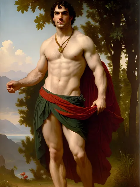 A full body portrait of Henry Cavill as an extremely strong and handsome 40s years old man, highly detailed painting, portrait, artwork by William-Adolphe Bouguereau, ethereal, poetic pastoral