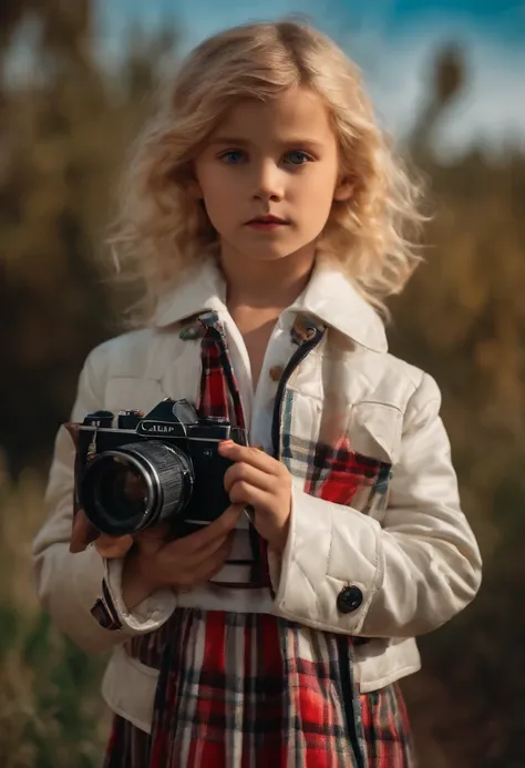 Masterpiece, High quality, Young boy, Holding a checked long dress, digital camera, White jacket, Blonde, Facing forward, looking at the camera in, full bodyesbian, center of screen