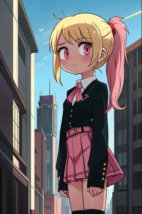 giiantess towering over chibi girl (minature skyscrapers), surprised mischievous, slim, slender, (spoken love), (sexy schoogirl ...